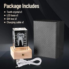 3D Crystal Human Tooth Model, Black Gift Packaging, Wood Base with Yellow Light