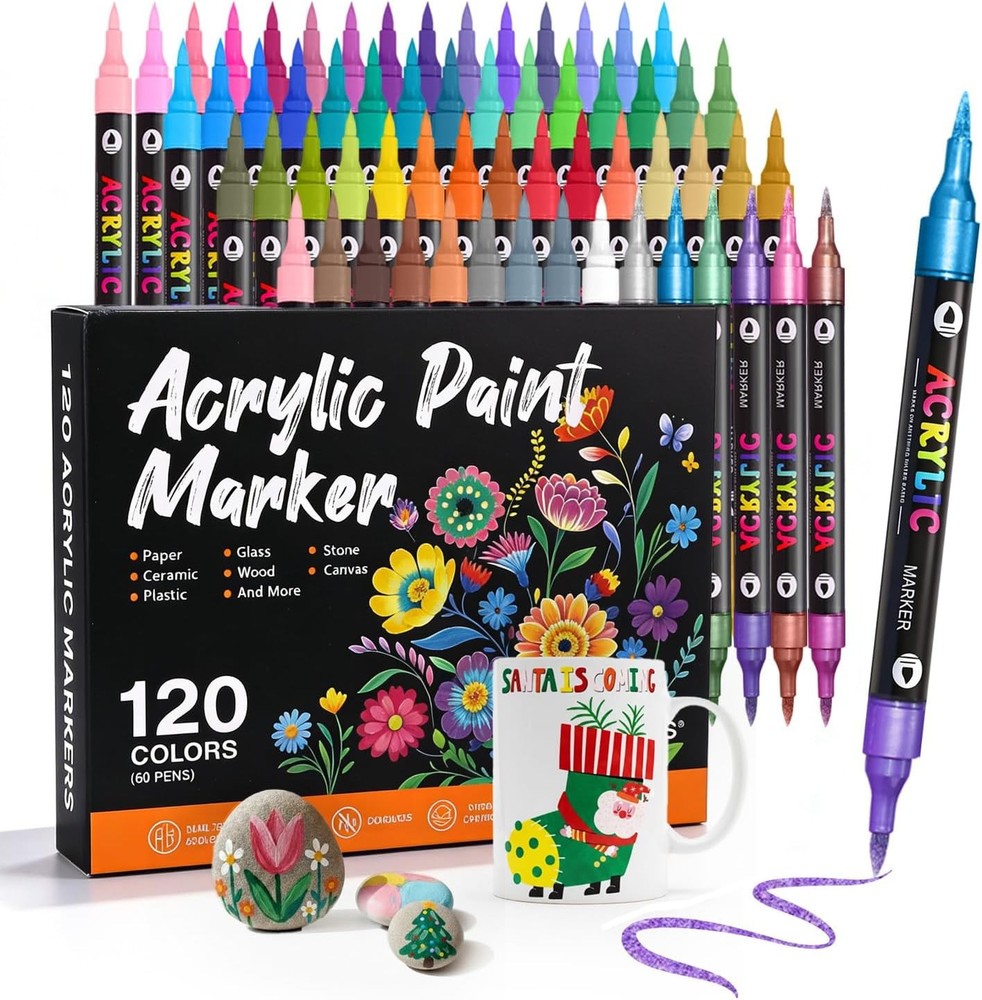 120 Colors Acrylic Paint Markers Dual Tip Dual Colors Brush Tip Pens for Rock