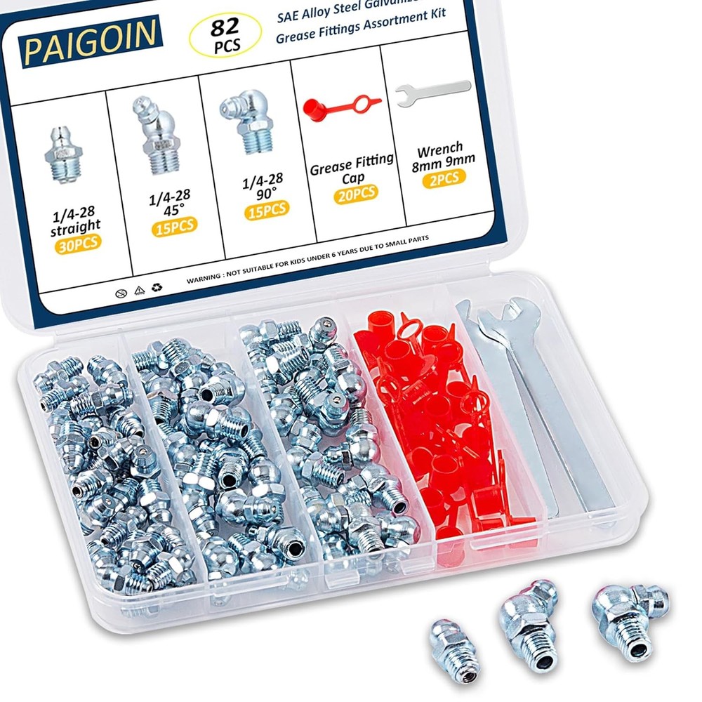 82PCS 1/4-28 SAE Zerk Grease Fittings Kit with Caps and Wrench Strainer