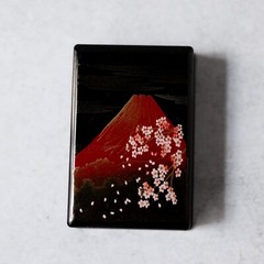 Vintage Lacquer Mount Fuji Cherry Blossom Business Card Holder Japan W/ Box