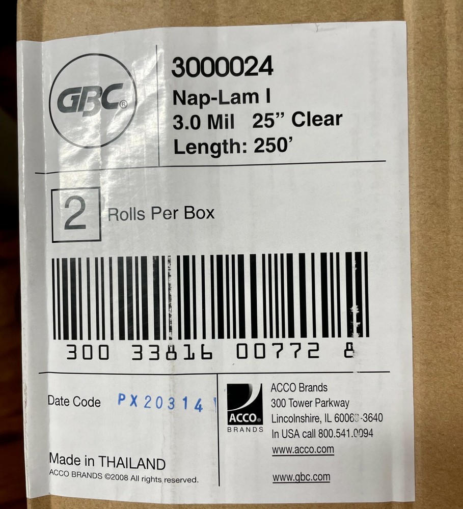 GBC Film Rolls 2 Rolls /Box 3000024 Nap-Lam I 3.0mil 25″ Clear 250′