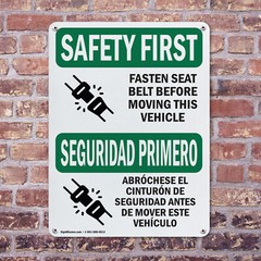 (2 Pack) Fasten Belt Moving Vehicle Bilingual OSHA Safety First Sign Decal Metal