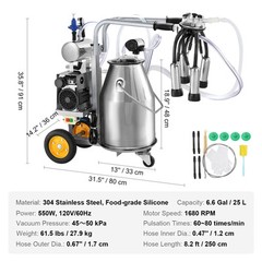 VEVOR Electric Cow Milking Machine Milking Equipment 25L 304 Stainless Steel