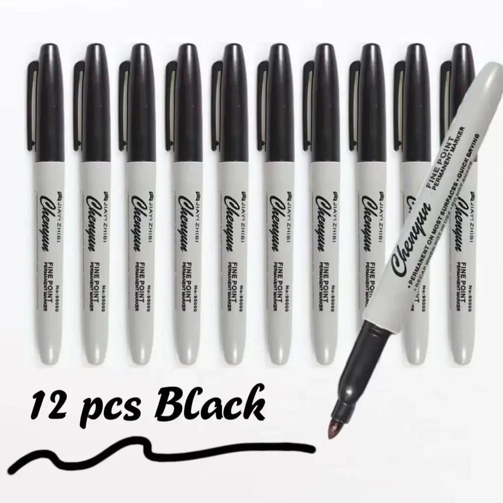 12pcs Black Permanent Marker Pens Fine Tip Waterproof Quick Dry Ink**