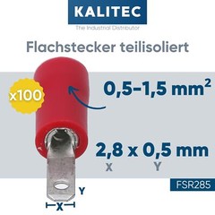 100 pieces Kalitec 0.5-1.5mm² flat plug 2.8mm x 0.5mm connector red