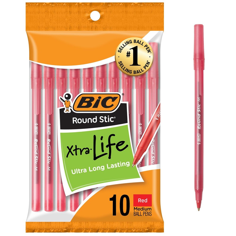 Bic Round Stic Xtra Life Red Ballpoint Pens 1.0Mm Bulk 10 Count Pack