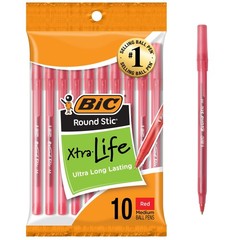Bic Round Stic Xtra Life Red Ballpoint Pens 1.0Mm Bulk 10 Count Pack