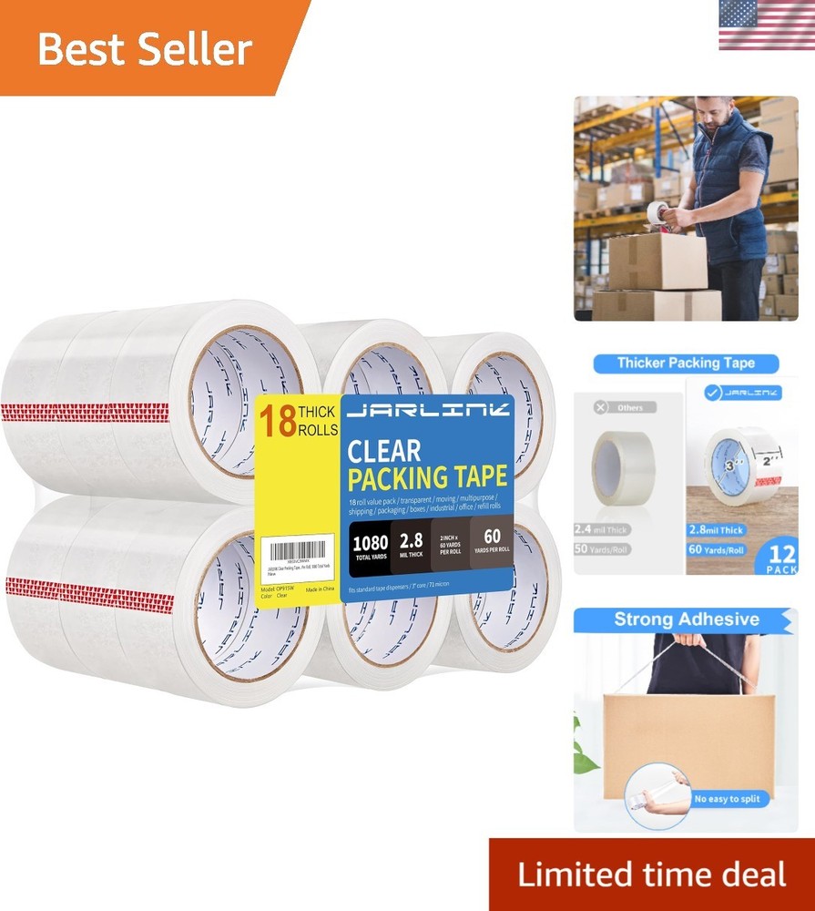Clear BOPP Packing Tape – 18 Rolls, 2.8mil Thickness, Waterproof for Shipping