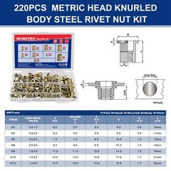 WORKPRO 220PCS Metric Rivet Nuts Zinc Plated Steel Flat Head Threaded Insert Nut
