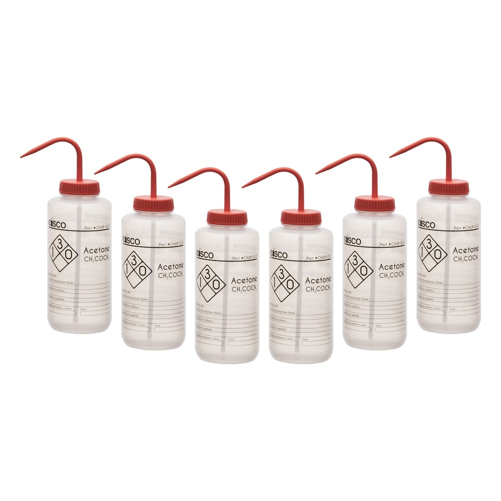 6PK Acetone Wash Bottle, 1000ml – Wide Mouth, Pre-Labeled – LDPE – Eisco Labs