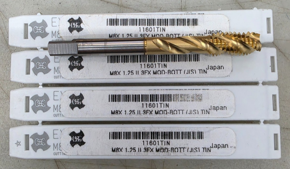 (4) OSG M8x 1.25 II 3FX MOD-BOTT (JIS) TIN (11601TIN) Spiral Flute Bit