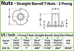 3/8″-16 Tee Nuts 3-Prong, CR+3 Zinc Plated Steel T-Nut 7/16″ Overall Length