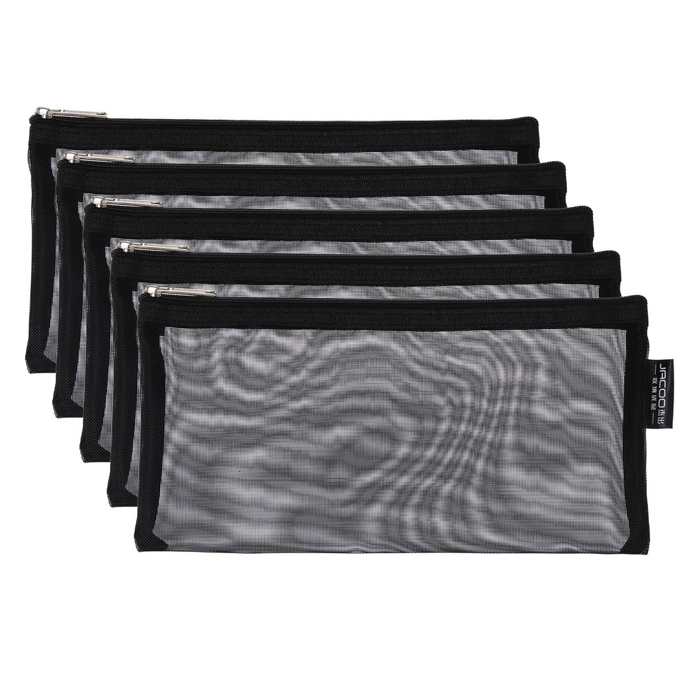 5pcs Mesh Cosmetic Bags, B6 Nylon Zipper Bag Travel Toiletry Pouch Black