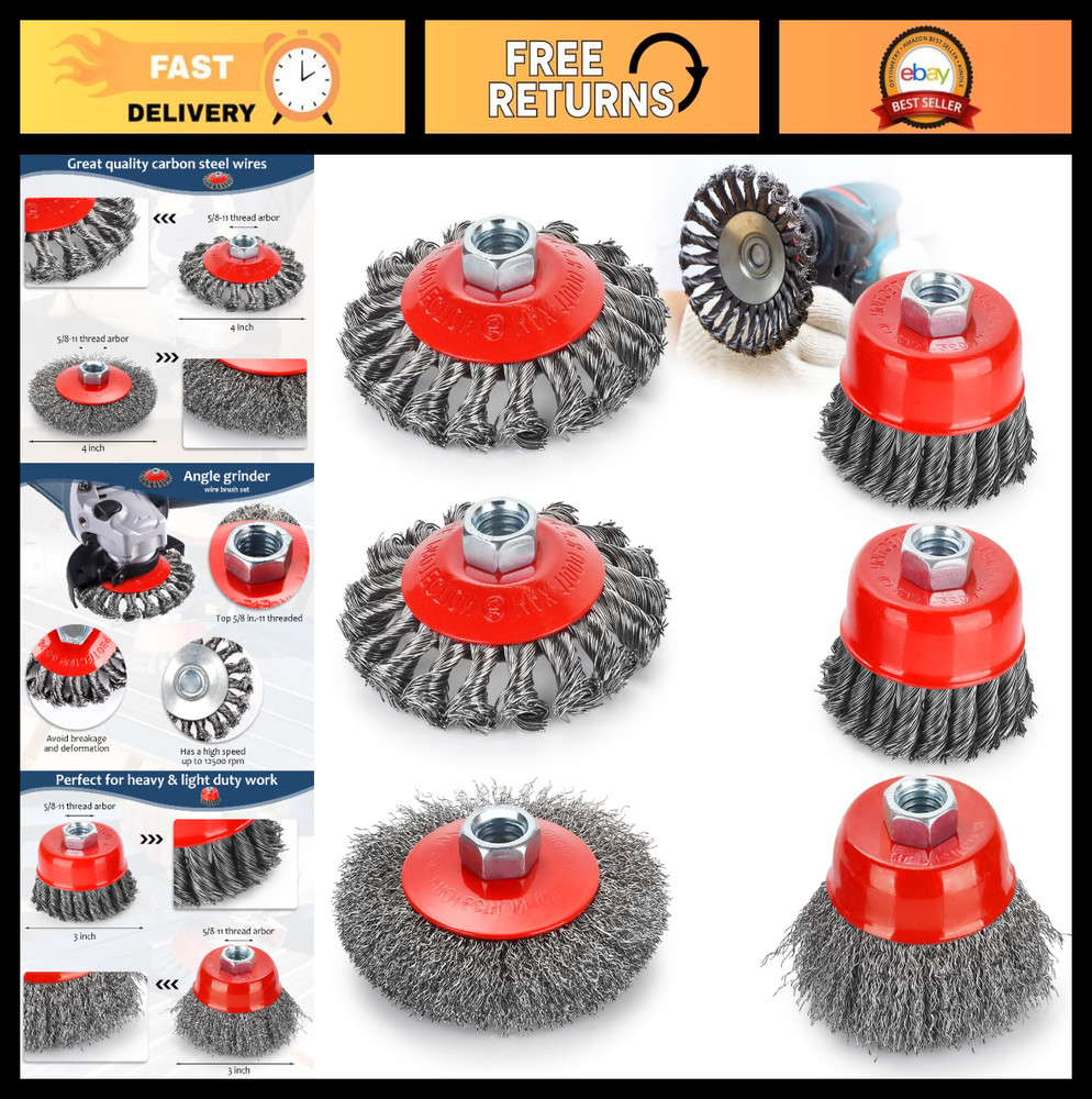 6PCS Wire Wheel Brush Set for Angle Grinder, 4″ & 3″ Cup Brushes, Rust Removal,