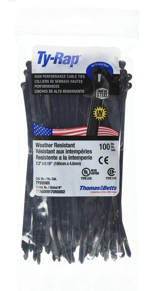 Thomas & Betts Ty-Rap TY525MX 7.31 Inches 50lb BLACK UV 100/BAG 7TAG009170R0002