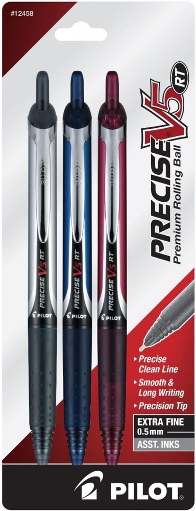 Pilot Precise V5 RT Extra Fine 0.5mm Rolling Ball Pens 3 Pack Black Blue Red 458