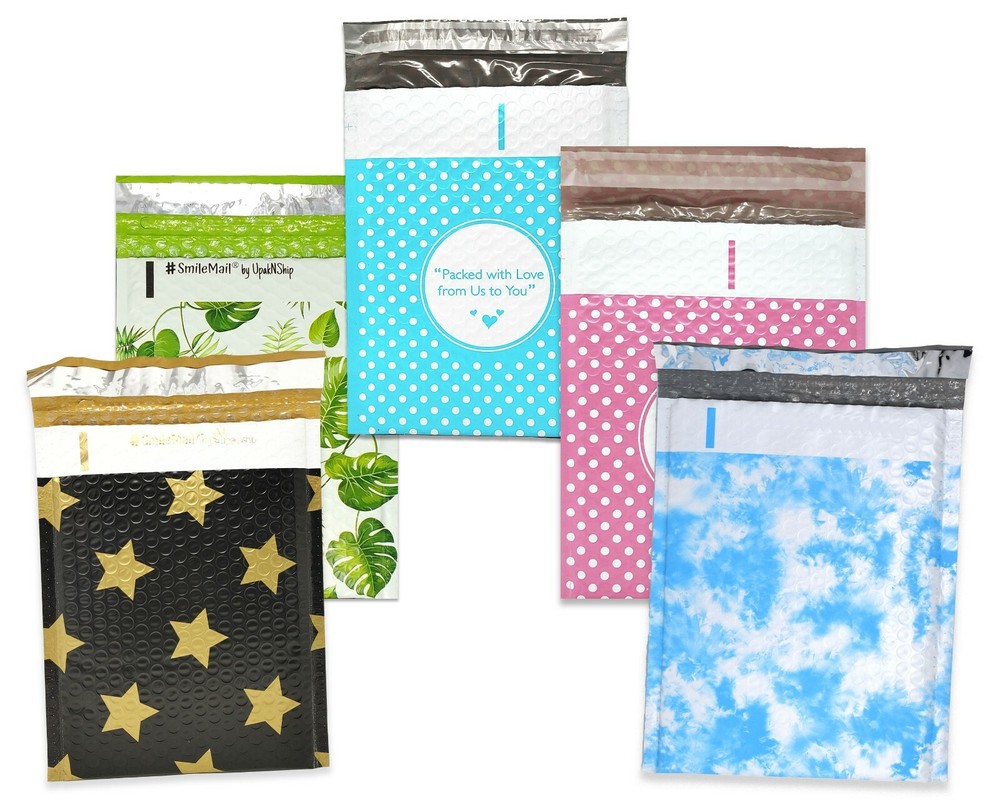 6×10 Tropical, Black/Gold Star, Polka Dots, Clouds Poly Bubble Shipping Mailers