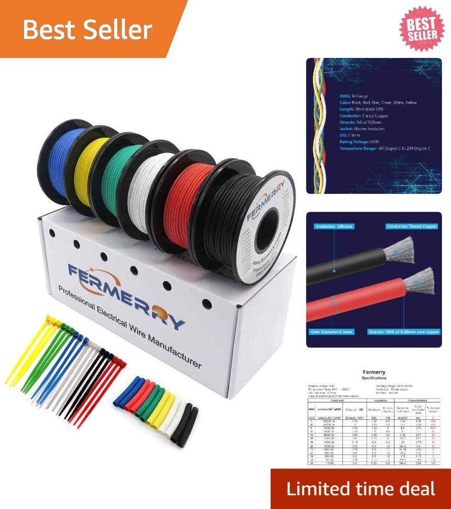 18 AWG Stranded Wire Kit – 5ft Flexible Silicone in 6 Colors, Tinned Copper