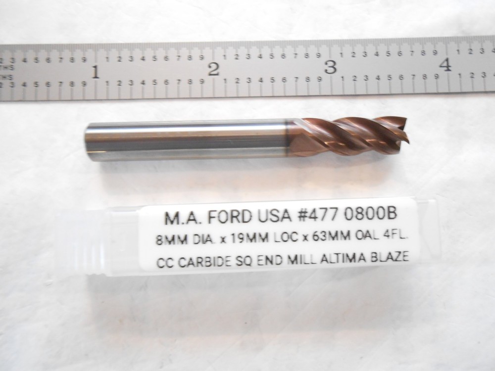 NEW M.A. FORD USA 8MM DIA. X 19MM LOC X 63MM OAL 4FL. CC CARBIDE SQUARE END MILL
