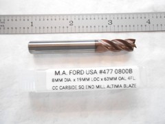 NEW M.A. FORD USA 8MM DIA. X 19MM LOC X 63MM OAL 4FL. CC CARBIDE SQUARE END MILL