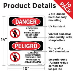Renovation Work Contains Lead Do Not Enter OSHA Danger Sign, Decal 5 or 10 Pack
