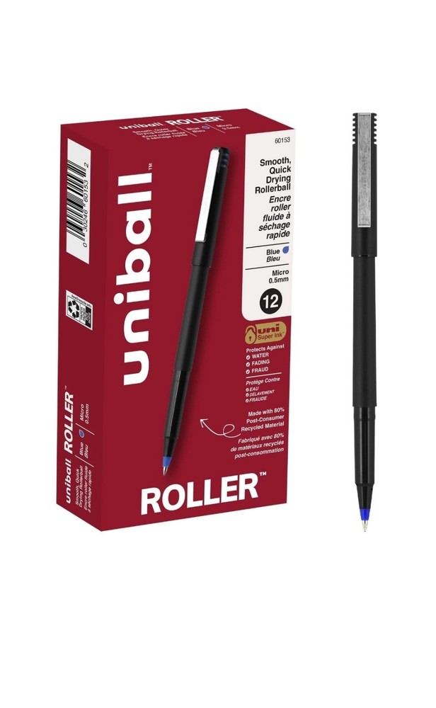 uniball Roller Rollerball Pens, Micro Point (0.5mm), Blue, 12 Pack
