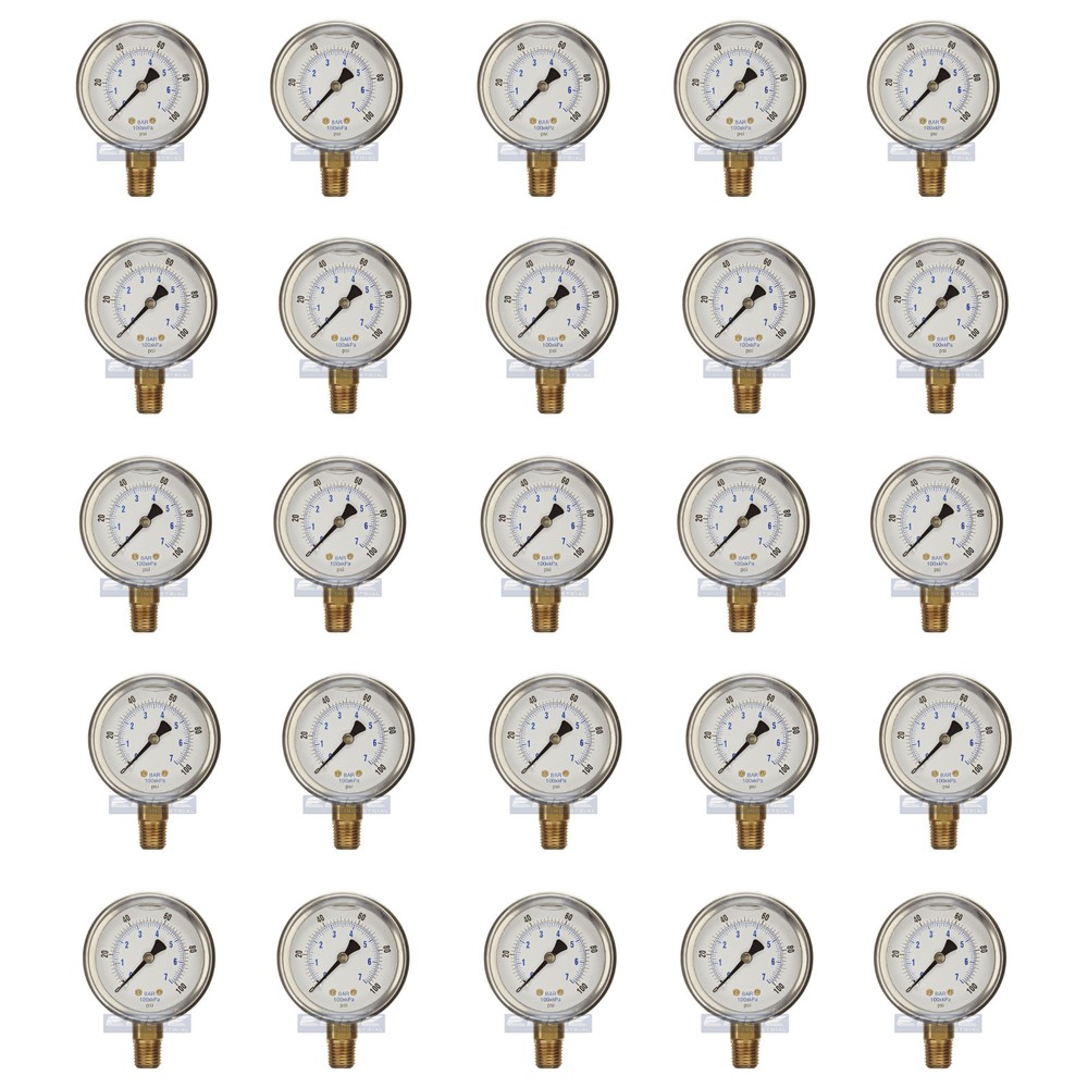 25 PACK LIQUID FILLED PRESSURE GAUGE 0-100 PSI, 2.5″ FACE, 1/4″ NPT LOWER MOUNT