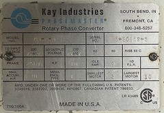 Kay Industries Phasemaster MA-2-A 10 HP 230 VAC Automatic Rotary Phase Converter
