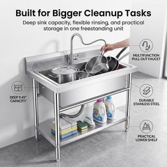 40″ Silver Free Standing Commercial Stainless Steel Kitchen Utility Sink