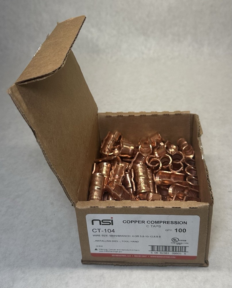 NEW (100-Pack) NSI CT-104 Copper Compression C-Tap Connector 4 AWG – 6 AWG (Run)