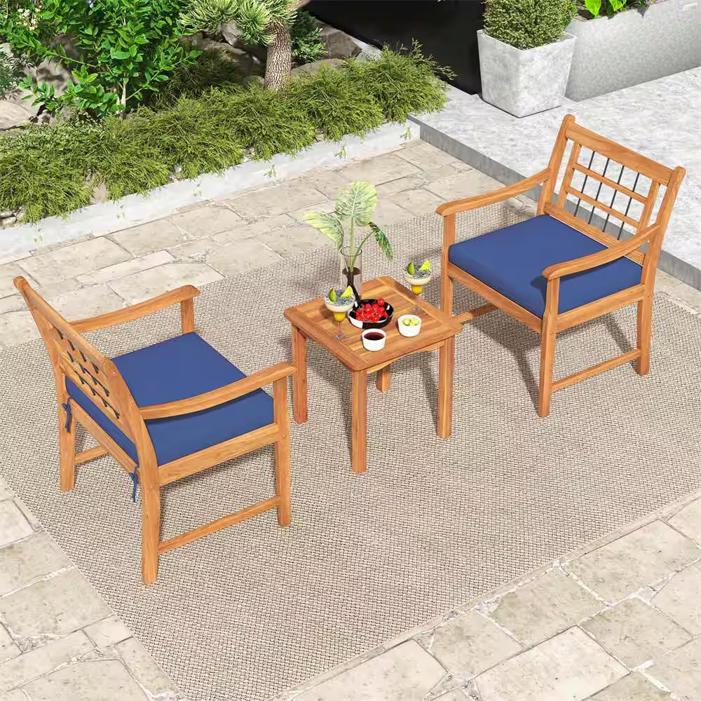 3-Piece Acacia Wood Outdoor Bistro Set with Coffee Table for Porch and Navy Cush