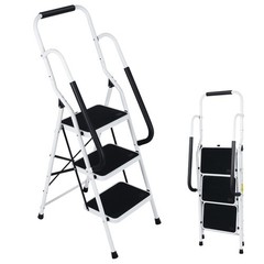 3 Step Ladder with Handrails, Portable Folding Step Stool with Safety Lock
