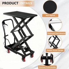 770Lbs Hydraulic Double Scissor Lift Table Cart 11-59″ Height Steel Wheels Black