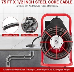 75FT x 1/2 Inch Drain Cleaner Machine Manual Feed with Cutters & Foot Switch Red
