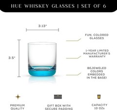 JoyJolt Hue Colorful Whiskey Set of 6, 10oz Drink Glasses, Double Old Fashioned