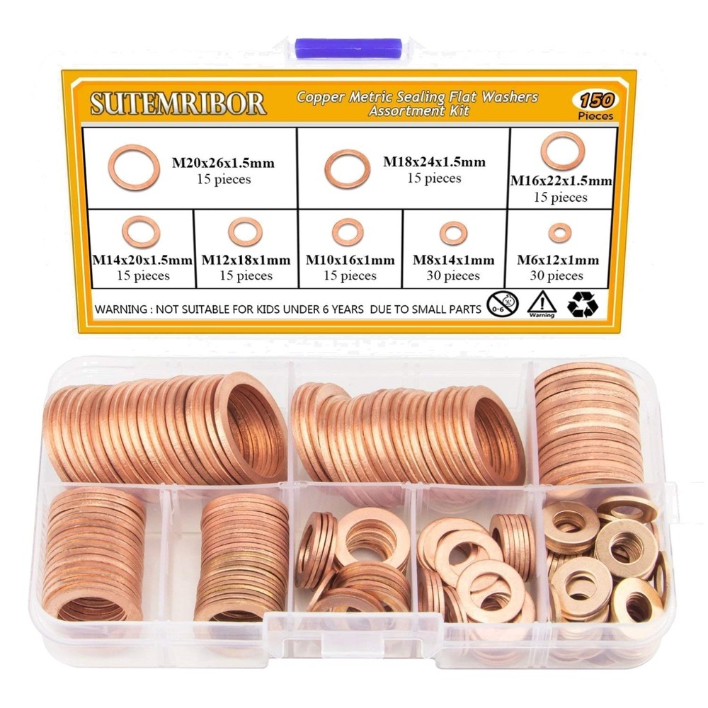 150pcs Copper Sealing Washers – 8 Sizes Kit