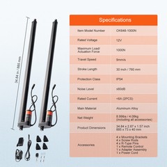 VEVOR 2PCS 12V Linear Actuator Kit 30 Inch 0.35″/s 220lbs/1000N IP54 Protection