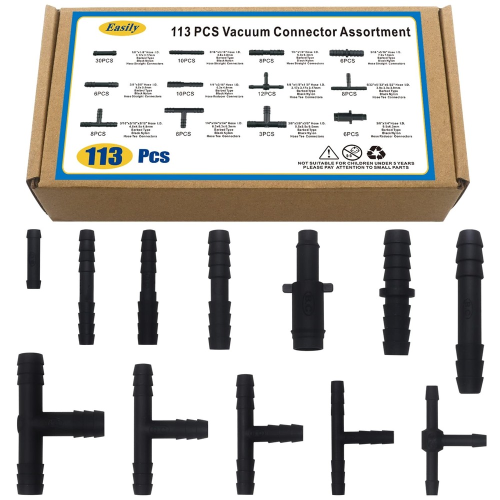 Vacuum Connector Assortment 113 PCS Heat Varies (1/8″ to 3/8″), Black