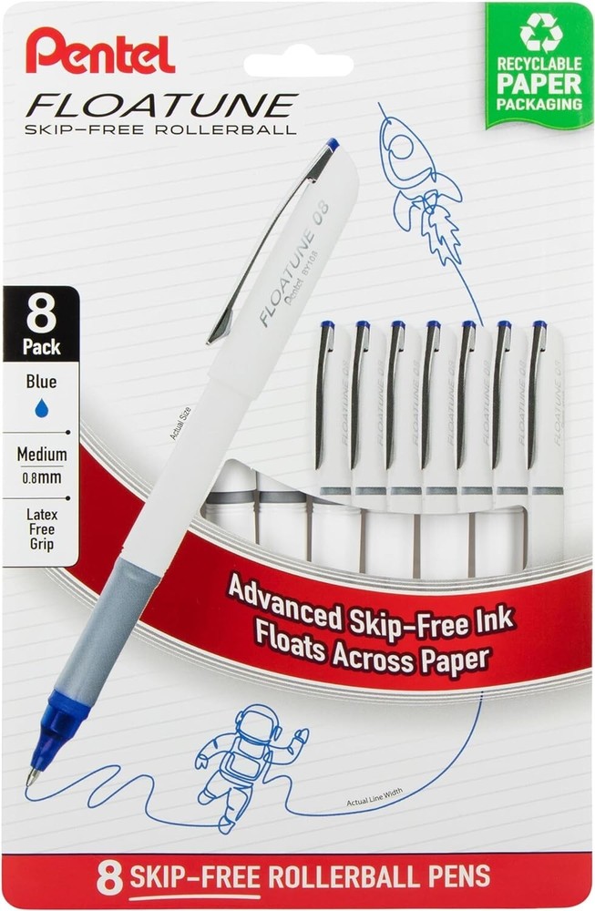Pentel Floatune Skip Free Rollerball, 0.8mm Med point, Blue Ink, Pack of 8 pens