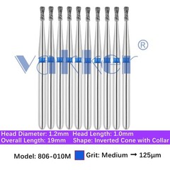 10/Pk Dental Inverted Cone Diamond Burs 806-010M Friction Grip for High Speed