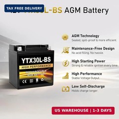 YTX30L-BS 12V 30Ah AGM Sealed Motorcycle Battery, Maintenance-Free, Compatible w