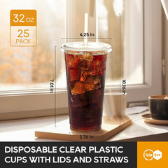 25 Sets 32 OZ Clear Plastic Cups with Lids and Straws, Disposable To Go Iced cof