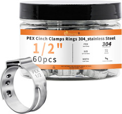 60 Pcs 1/2 Inch PEX Crimp Rings Clamps Stainless Steel Heavy Duty Pipe Fittings
