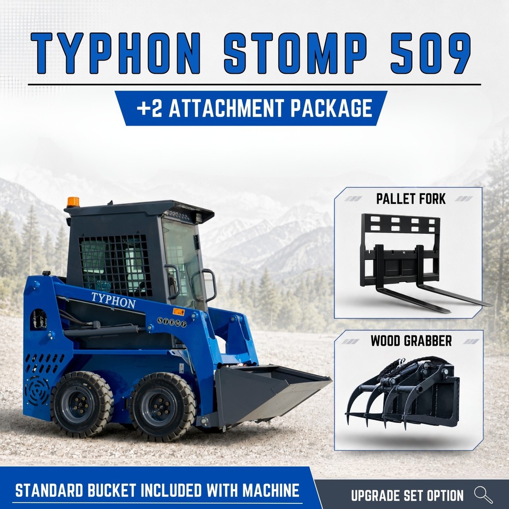 TYPHON STOMP 509 4WD Skid Steer Loader 1.4 Ton Kubota EPA w 2 Attachment Option