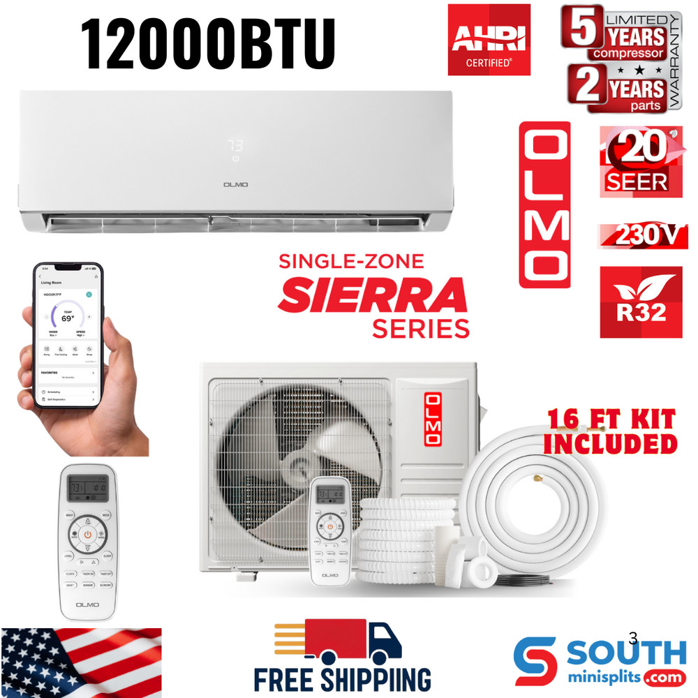OLMO Sierra 12,000 BTU 230V 1 Ton Mini Split AC & Heat Pump 20 SEER 16ft Kit