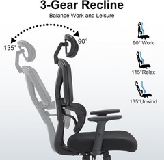 Soxiar Ergonomic Mesh Office Chair 5D Armrests 3D Headrest 90-135 Recline Black