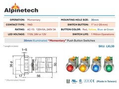 Alpinetech LXL-30 30mm Momentary Push Button Switches, 1NO LED Illuminated