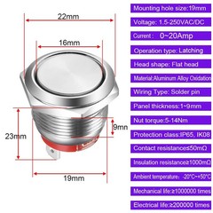 19mm Short Type Latching Stainless Steel Push Button Switch 20A 12-24V SPST