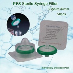 10/100pcs Sterile Syringe Filter PES Membrane 0.22um Pore Size, 33mm Individual