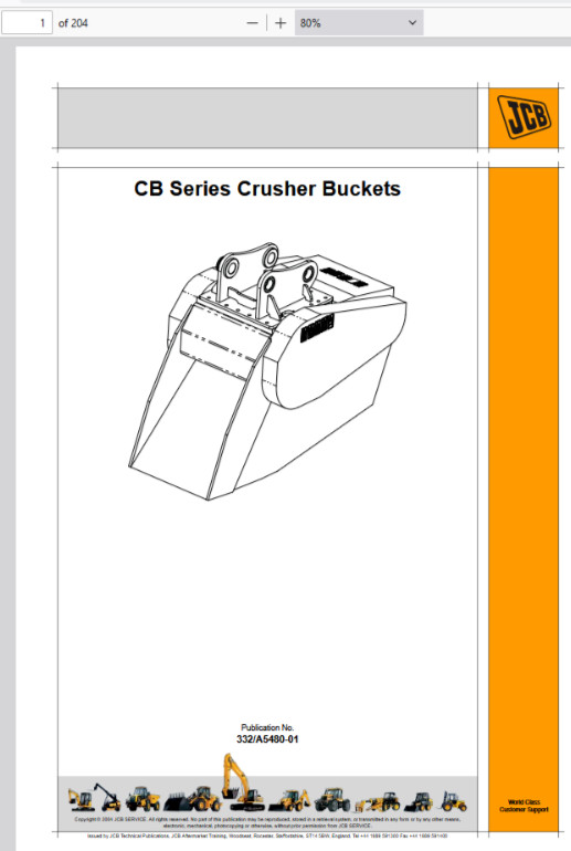 JCB CB Series Crusher Buckets Operators Owners Users Manual 332A5480-01 PDF USB